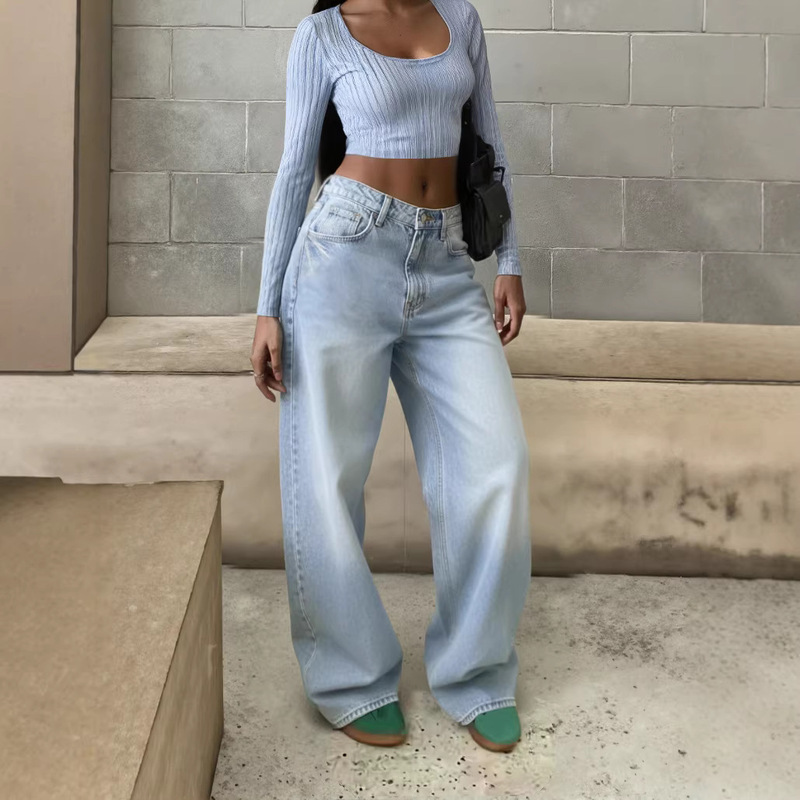 European and American Foreign Trade Cross-Border Solid Color Mid-Waist Straight Wide-Leg Jeans for Women, Direct Sales from the Source Manufacturer, Factory Wholesale