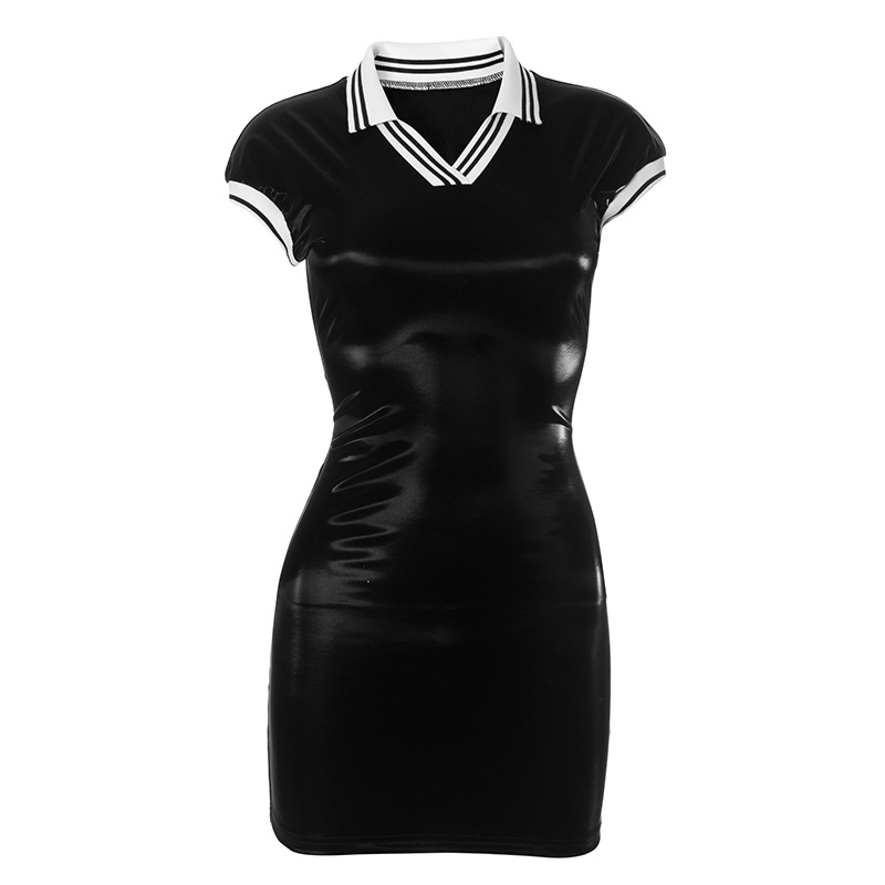 Women Clothing Fall Winter Lapels Color Contrast Patchwork Glossy Tight Fitting Cinched Sheath Dress