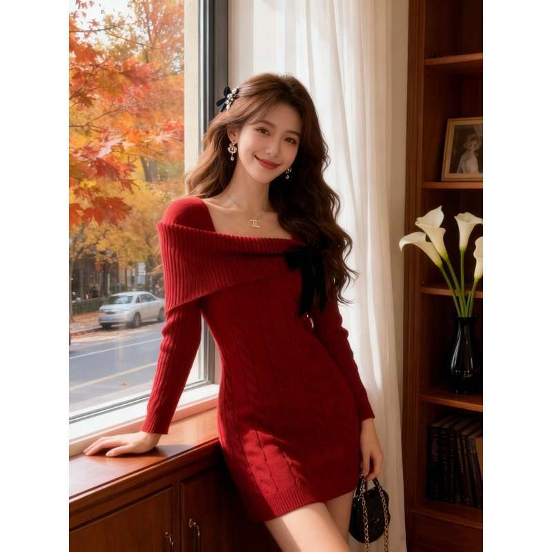 Korean Off-Shoulder Bow Knit Sweater Dress for Women, Spring 2026 New Style, Petite Base Dress