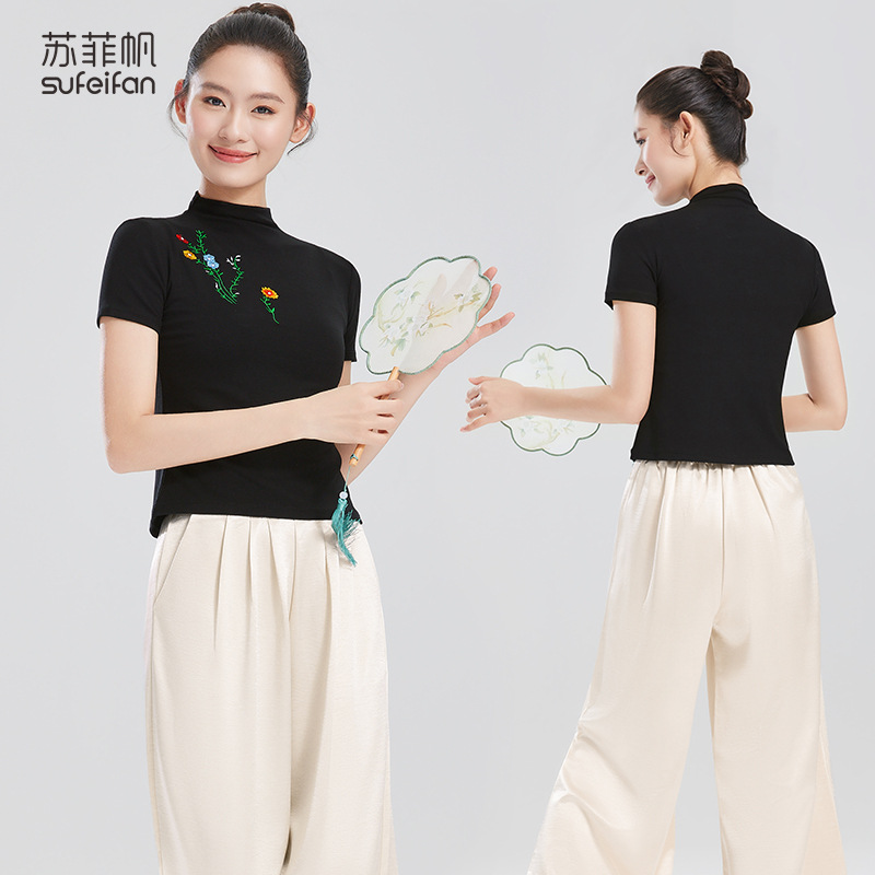 Dance practice short-sleeved top, new Chinese style embroidered modern dance costume, modal cotton, mid-sleeve, everyday style, ethnic style