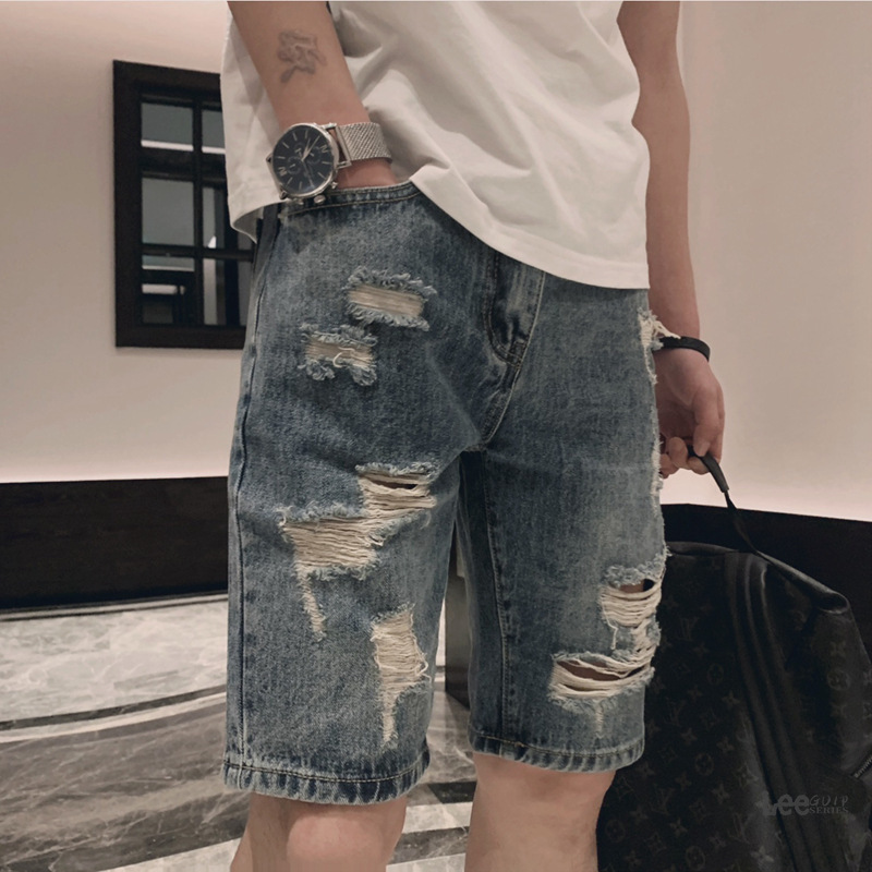 Guiрlee Men's Denim Shorts Summer Thin Ripped Slim Fit Korean Style Straight Casual Knee-Length Shorts Korean Style Slim Fit