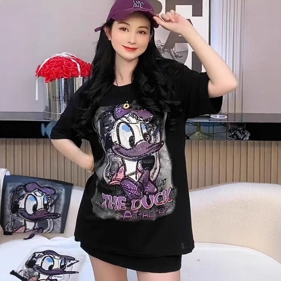 Estación europea Donald impreso camiseta de manga corta para mujeres 2024 verano nuevo estilo relajado delgado de moda casual image 4