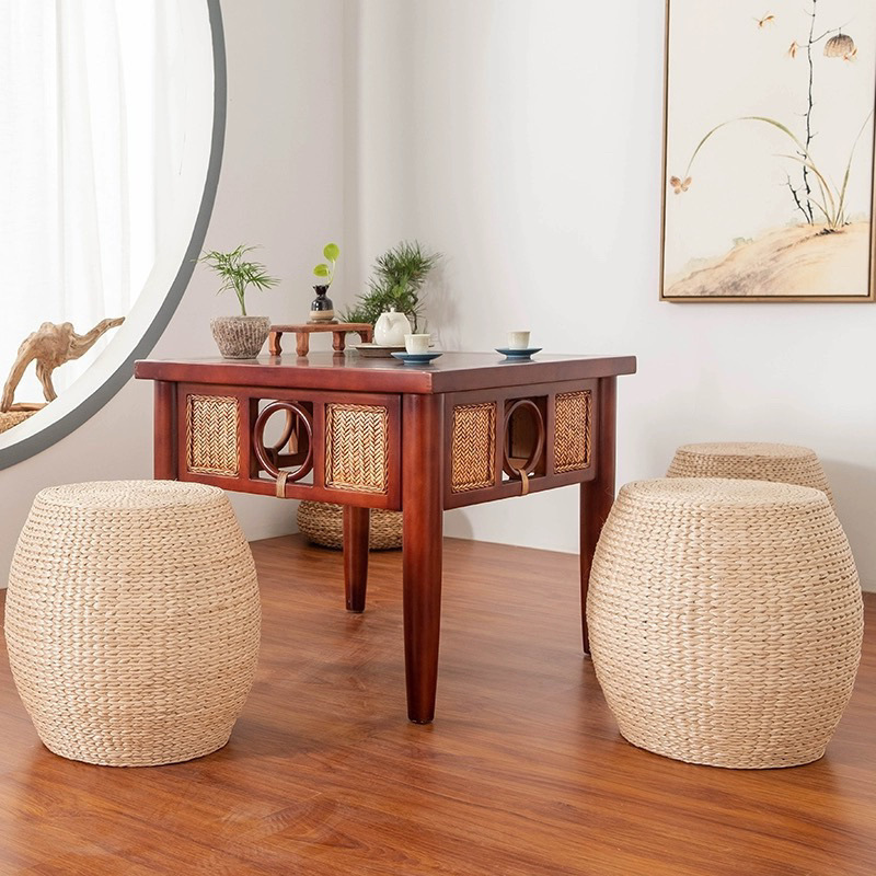 estilo japonés de caña de paja tejida muelle de asiento para cambiar de zapatos de arroz taburete redondo sofá de salón casero taburete de madera pequeño antideslizante