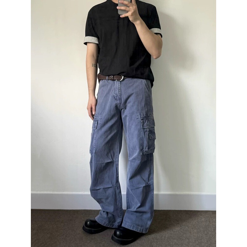 American Retro Vintage Heavy-Duty Distressed Workwear Blue Cargo Pants Men's Trendy Baggy Loose Straight Casual Long Pants American Retro Vintage Heavy-Duty Distressed Workwear Blue Cargo Pants Men's Trendy Baggy Loose Straight Casual Long Pants