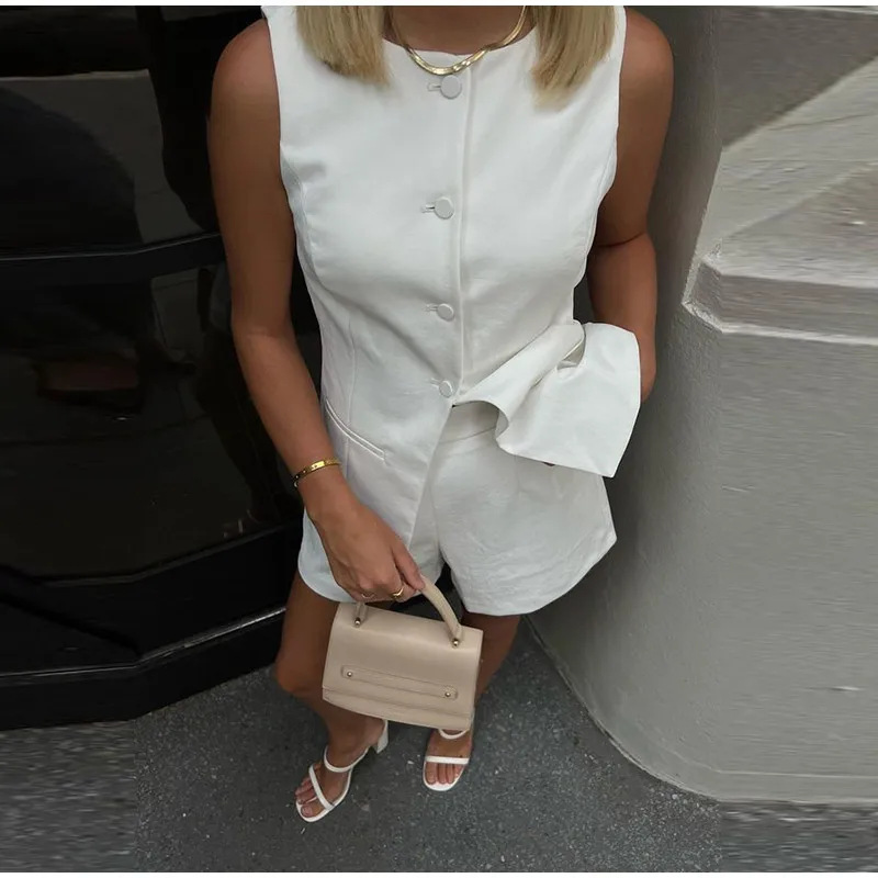 Polyester Fabric Type Daily Women's Streetwear Solid Color Polyester Button Pant Co-ord Set Shorts Sets