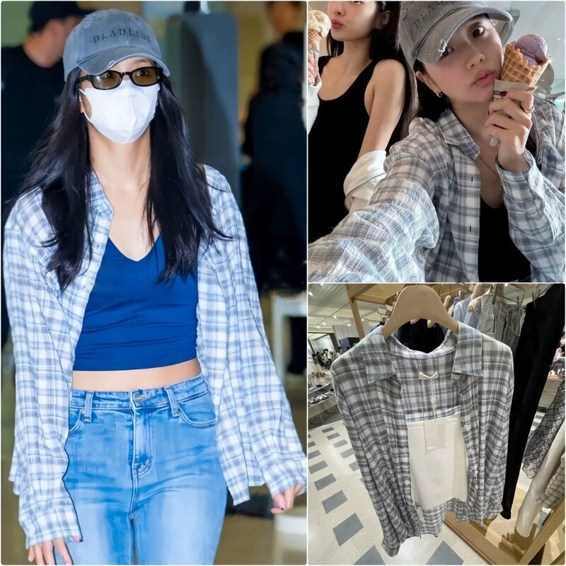 Jisoo Kim Ji-Soo Korean Designer Andneeds Same Style Casual Plaid Loose Long-Sleeved Shirt Top for Women