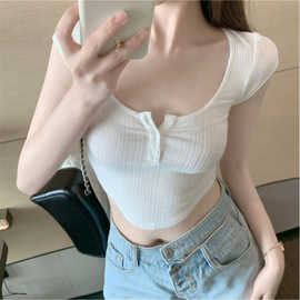 T恤女夏季高腰短款露脐性感紧身2021年新款白色短袖上衣ins潮