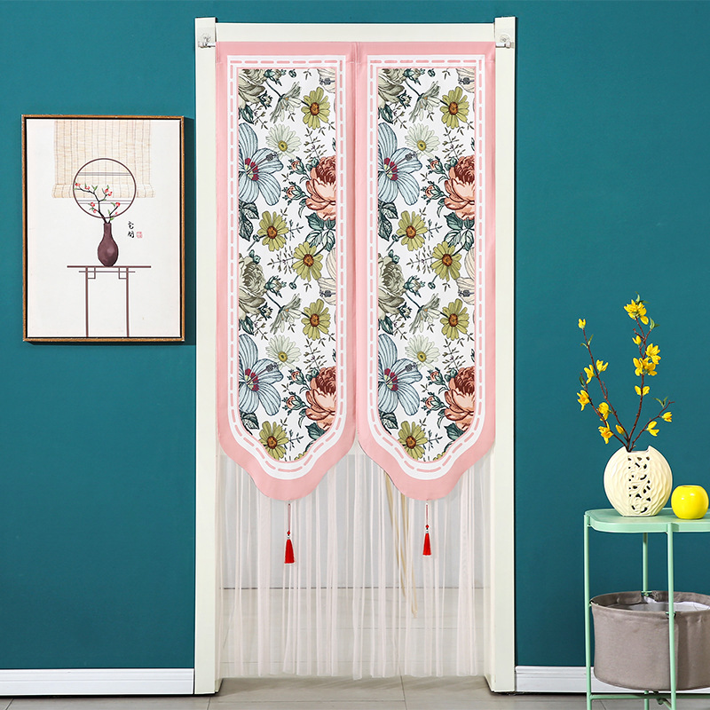American-style Lace Door Curtain Double-layer Fabric Gauze Curtain Partition Curtain Bedroom Bathroom Shelter Curtain Velcro Anti-mosquito Door Curtain