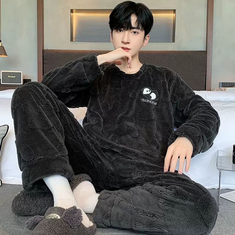 男式睡衣冬季加厚加绒中学生男法兰绒家居服男套头珊瑚绒套装