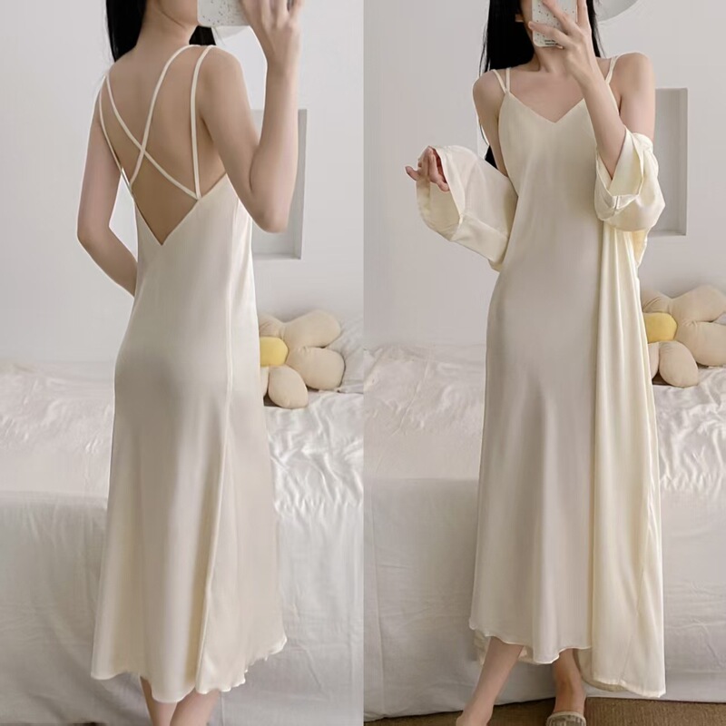 Pajamas for Women Spring & Fall Ice Silk Extra Long with Breast Pads Beautiful Back Suspender Nightgown Nightgown Bridal Makeup Dressing Gown Home Clothes