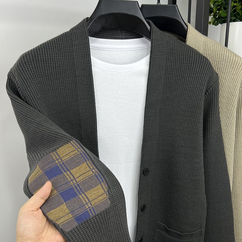 New Men's Cardigan with Shawl Collar, Trendy Patchwork Plaid Sweater, Spring and Autumn Men's Casual Solid Color Top