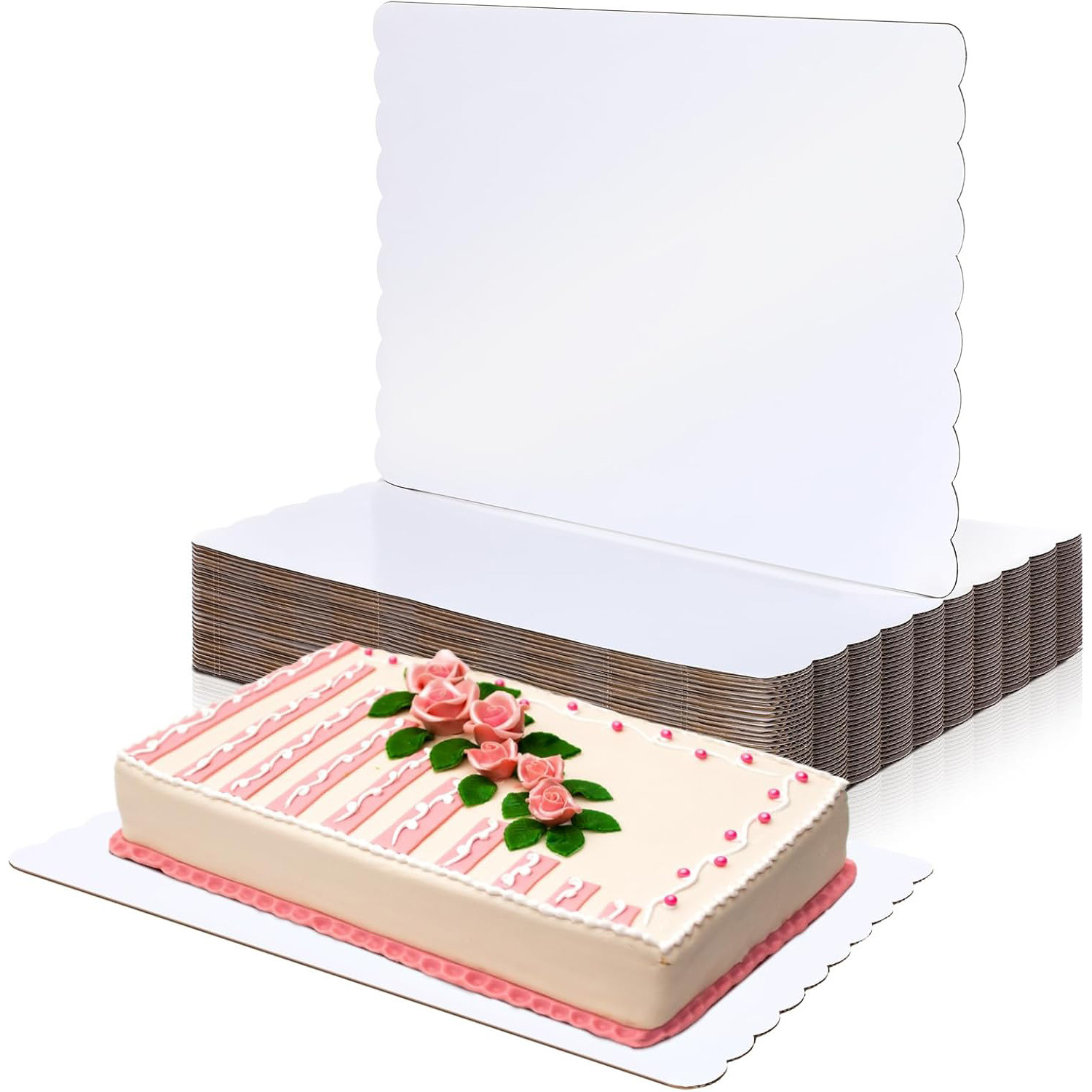 Baje de pastel corrugado con borde ondulado rectangular 10*14 pulgadas de papel de respaldo dorado blanco 2mm de espesor