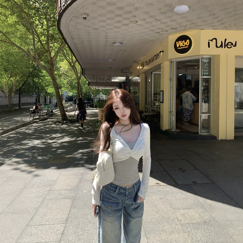 Suuuicee Romantic Balmain faux two-piece twisted design striped long-sleeve T-shirt with contrasting color knit top
