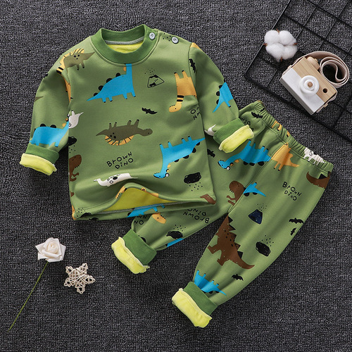 Children's warm innerwear set with plush and thick padding, suitable for boys and girls, autumn clothing, baby warm clothes, infant winter clothing with dinosaur pattern