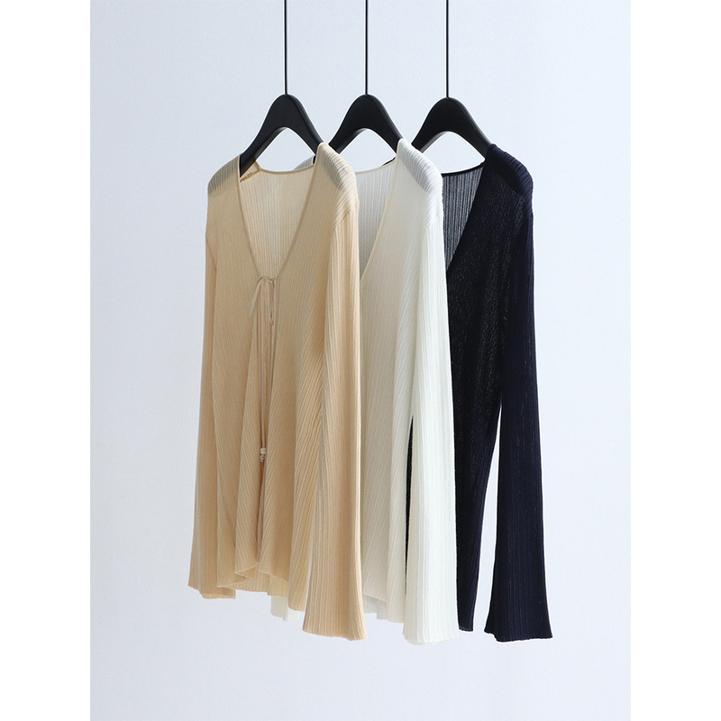 Irregular Texture Tencel Knit Cardigan with Tie, Lyocell Long-Sleeve Shawl, Artistic Beaded Sun-Protective Top for Women