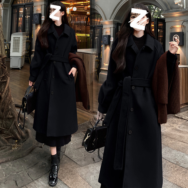 2025秋冬新款韩版宽松红色系带毛呢外套女中长款复古过膝呢子在衣