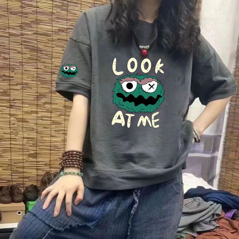 Cotton Summer Round Neck Short Sleeve New Cartoon Joker Loose Plus Size Women's Chubby mm300 Jin Top T-shirt Trendy