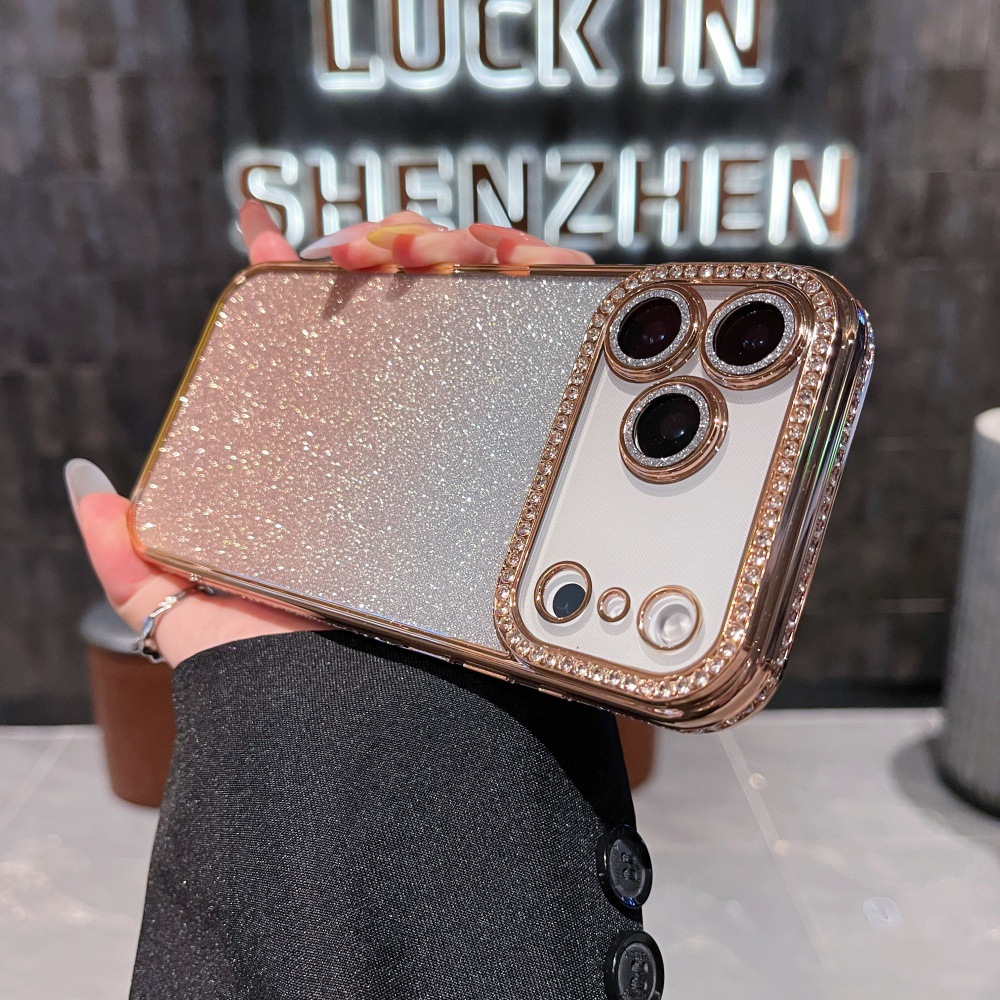 Adatto per iPhone 17 Pro Max con bordi quadrati impreziositi da diamanti, custodia glitterata sfumata per 16 Pro, 14/13, chiaro_voghion.com