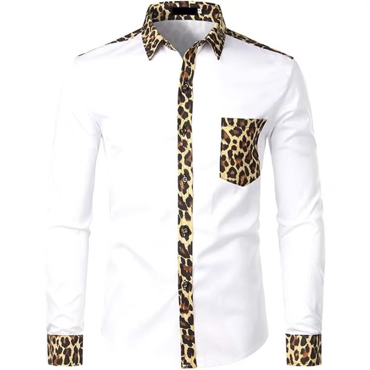 Men's Casual Loose Long-Sleeve Shirt, New Spring and Autumn Leopard Print Color-Blocking Shirt, Four-Way Stretch Printed Pocket Shirt for Men