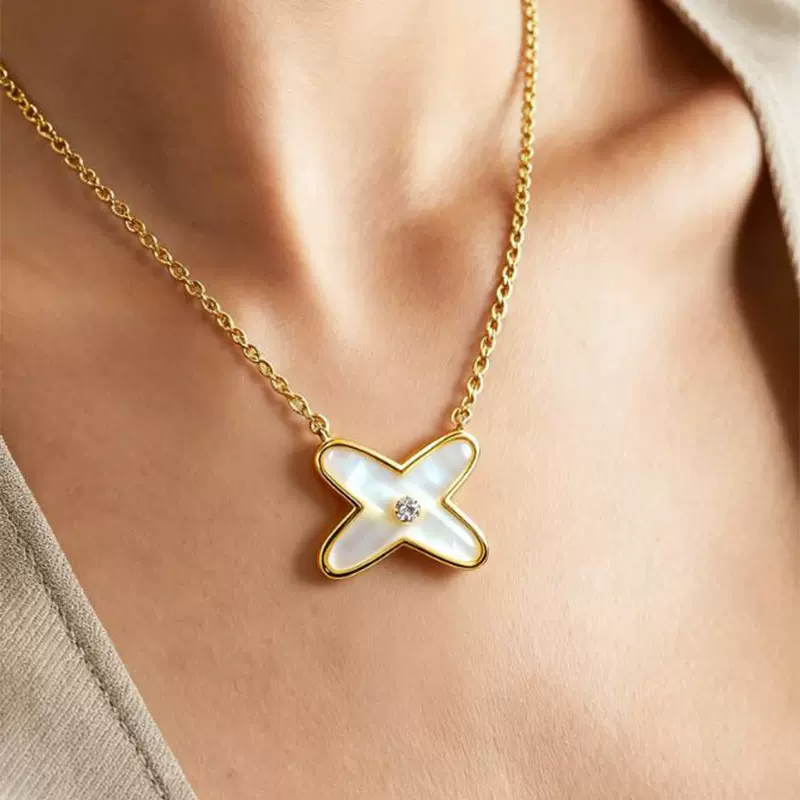 高版本尚美交叉白贝母项链女S925纯银百贝玫瑰金锁骨链2024新款