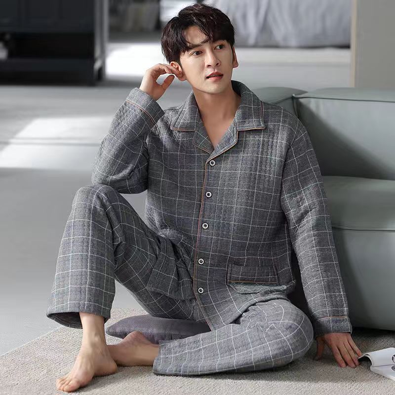 Otoño y invierno engrosado vestido exterior pijama de hombre invierno de hombre tamaño grande delgado intercalado de aire de algodón ropa para el hogar