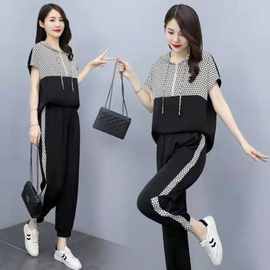 2024夏季洋气减龄连帽撞色短袖卫衣显瘦休闲运动哈伦裤两件套潮