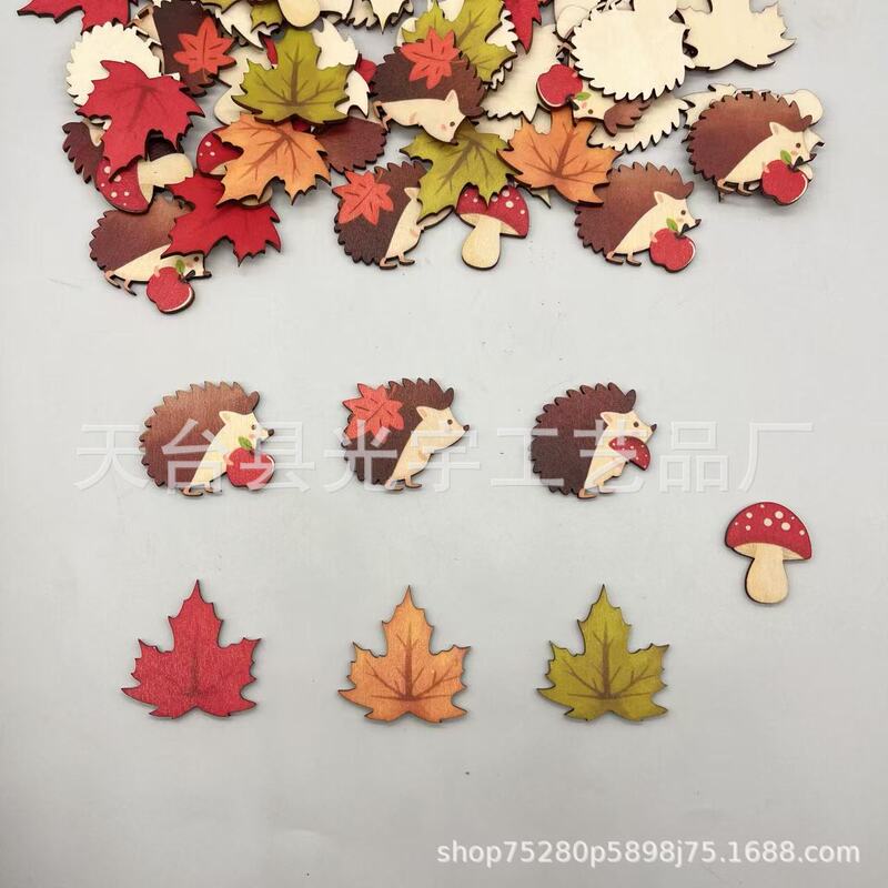 Cross-Border New Product 70Pcs Autum Variety of Cartoon Wooden Craft Hedgehog Maple Leaf Mushroom Jewelry Craft Decorative Pieces Cross-Border New Product 70Pcs Autum Variety of Cartoon Wooden Craft Hedgehog Maple Leaf Mushroom Jewelry Craft Decorative Pieces