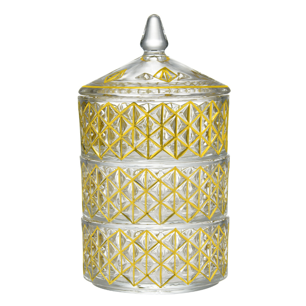 欧式水晶玻璃首饰盒装饰摆件 轻奢描金饰品收纳盒 炫丽首饰盒三层