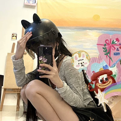 Cute Cat Ear Helmet, Electric Vehicle | Motosiklet kaskı (dəbilqə) - black-brown-short-glasses-black-cat-ears