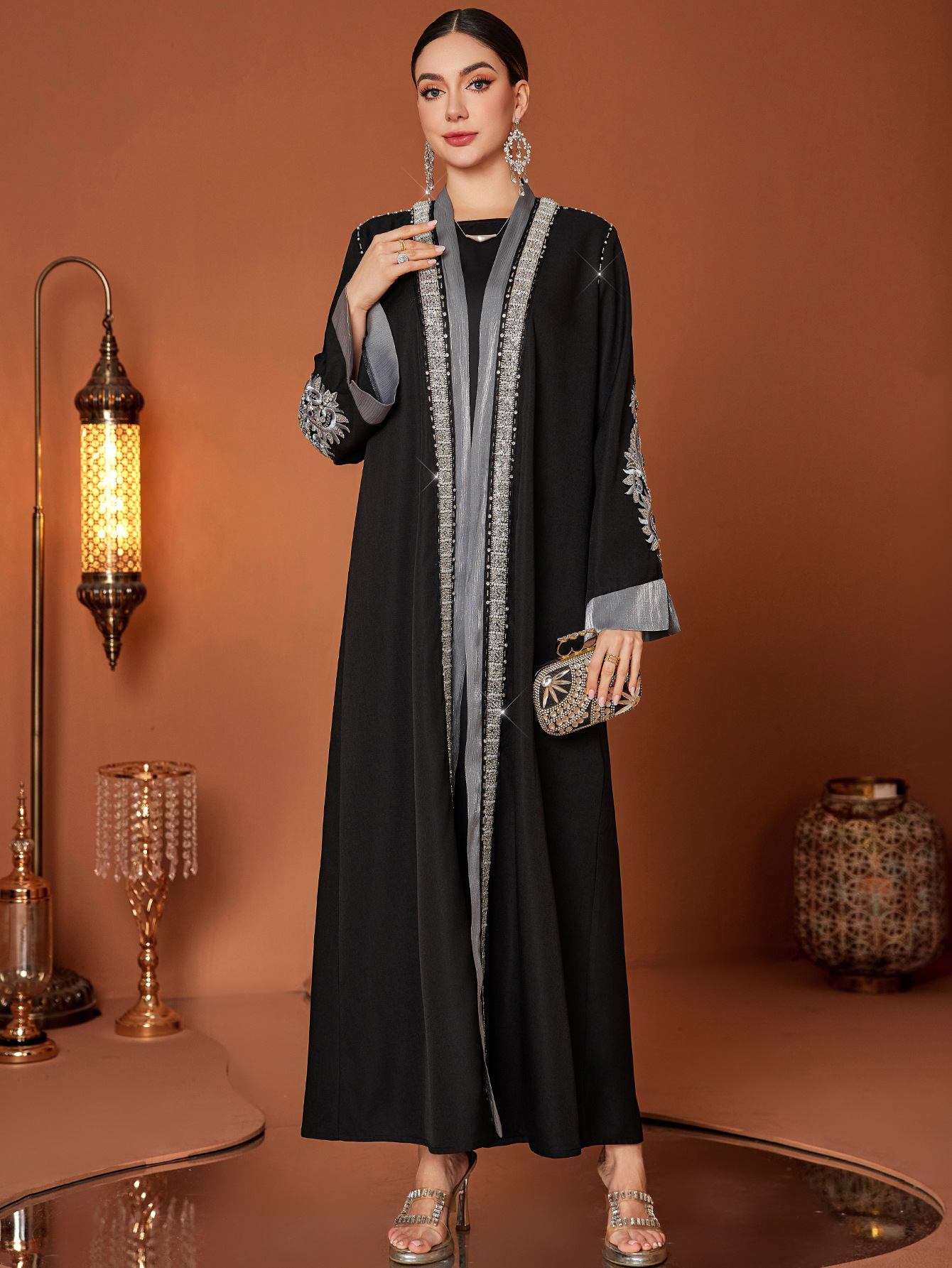 Handbesticktes Blumen Abaya Kleid Mit Strass Für Damen_voghion.com