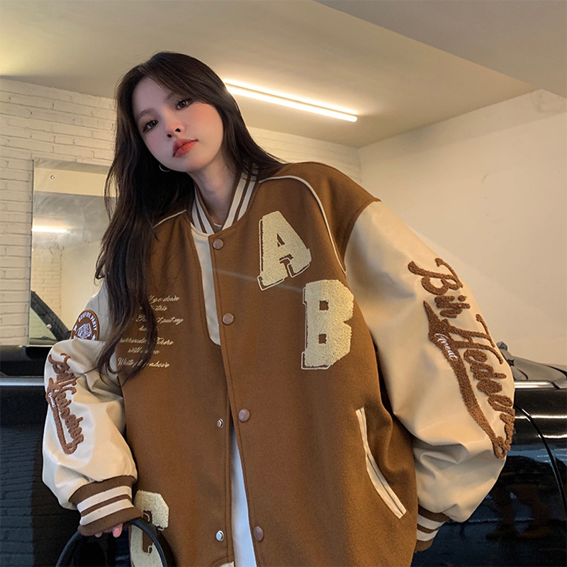 커피 컬러 레귤러 스타일 [여아 의상 재킷 인 트렌디 하라주쿠 홍콩 스타일 여성 힙합 유럽과 미국의 하이 스트리트 코트 가을 겨울 스타일 작은 향기로운 스타일 야구 유니폼 재킷