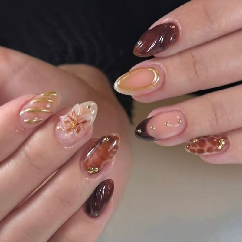 Brown-Red Amber Gilt 3D Wearable Nails Cross-Border Export Best-Selling Nail Art Patches Flowers Fake Nails Almond