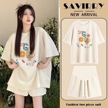 孕妇套装夏季2025气质洋气慵懒风运动休闲t恤短袖杏色上衣两件套
