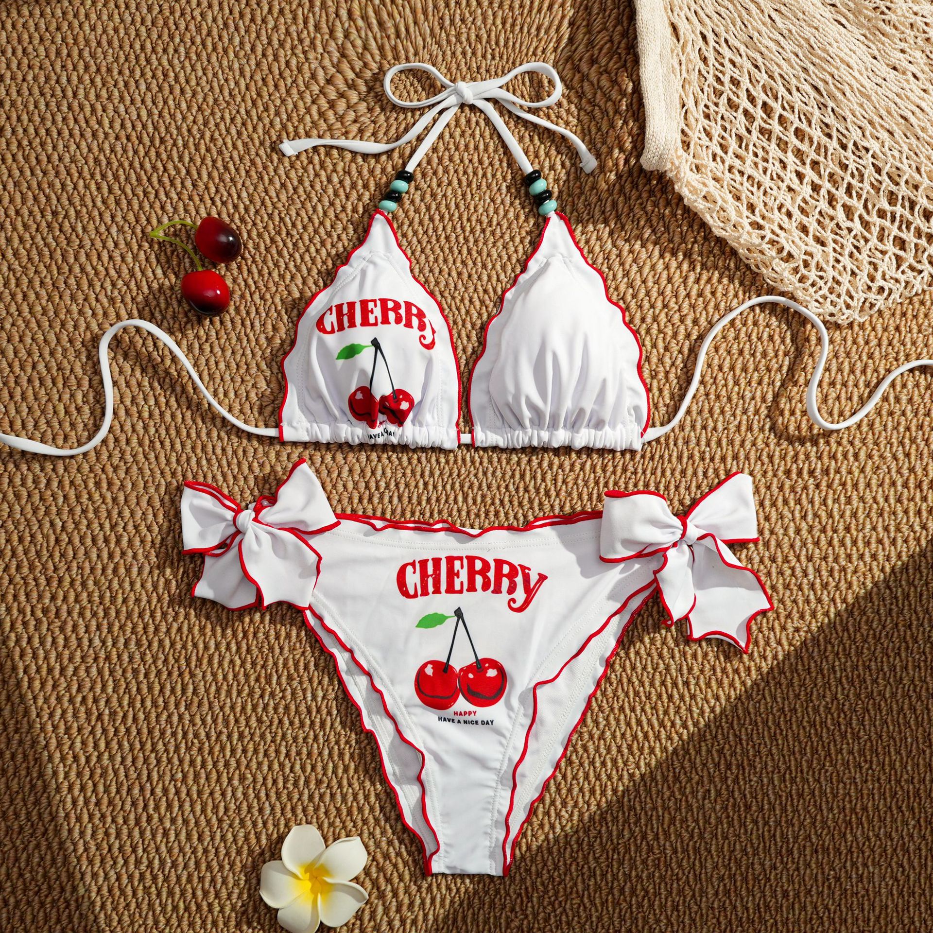 Fashionable and Sexy Two-Piece Bikini with Cherry Print, Summer European and American Style 2026 New Three-Point Bikini Two-Piece Set