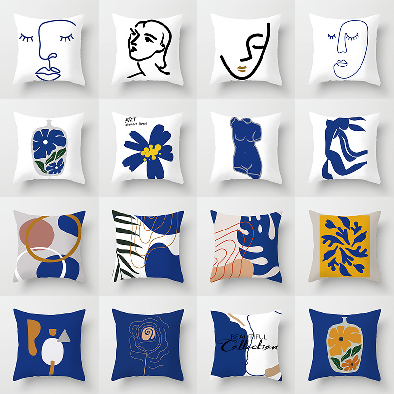 Nordic Morandi Pillowcase, Geometric Abstract Pillowcase, Art Figure Blue Throw Pillow Cover