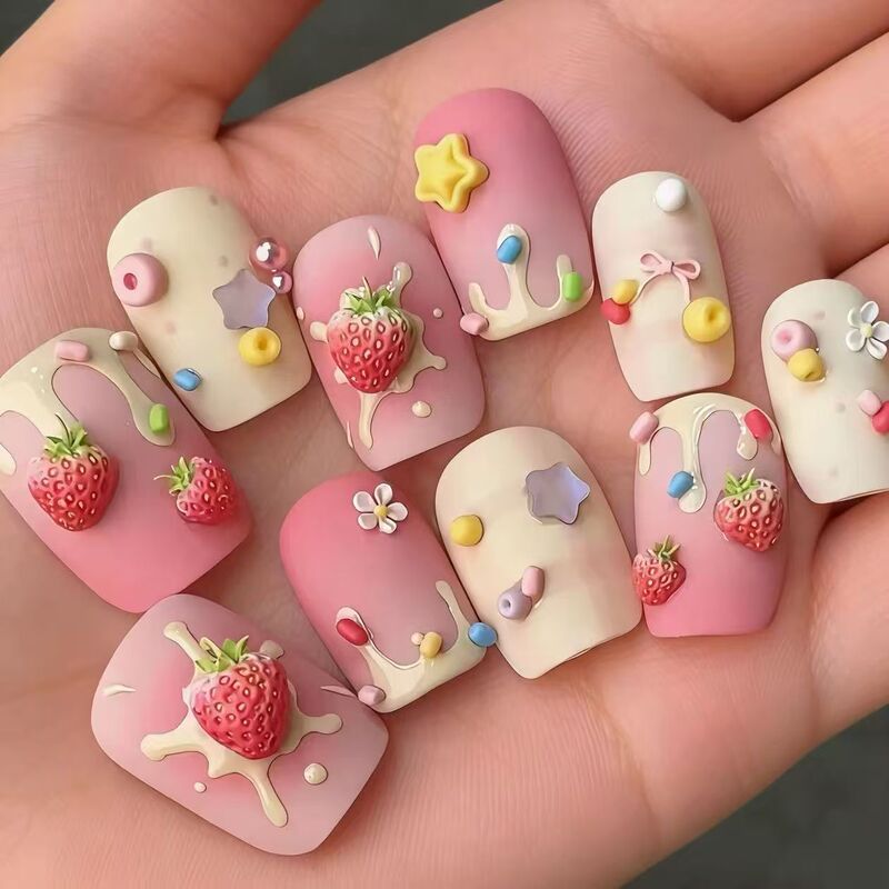 Creamy Strawberry Party - Early Spring New Style Creamy Strawberry Playful Girly Pink Handmade Wearable Nails Creamy Strawberry Party - Early Spring New Style Creamy Strawberry Playful Girly Pink Handmade Wearable Nails