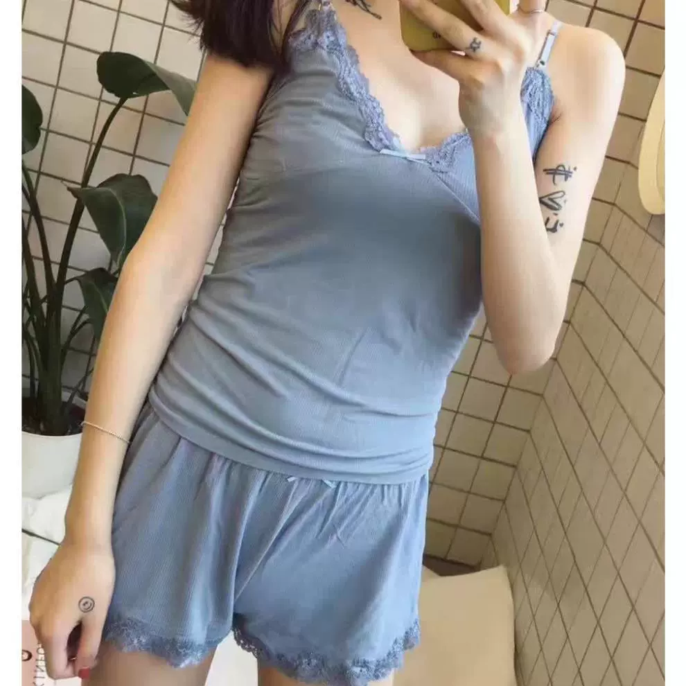 东南亚微商爆款性感睡衣女春夏季薄款蕾丝套装舒适家居服棉套装