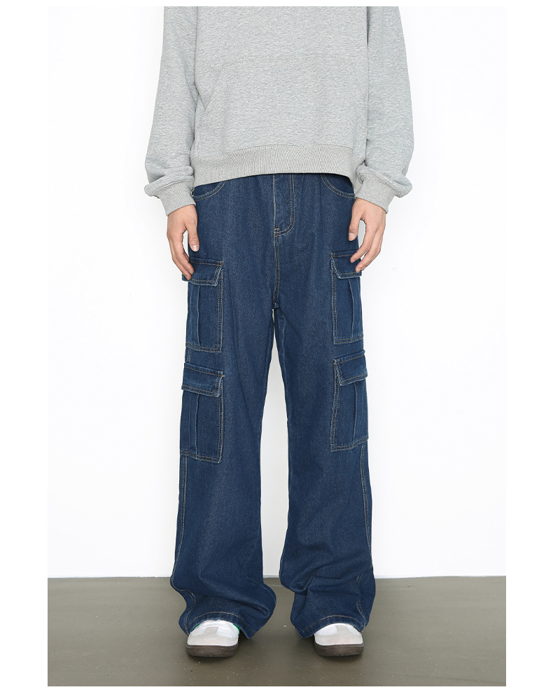 Vintage Washed Denim Cargo Pants - Relaxed Fit Multi-Pocket Workwear Jeans For Men_mkmklike.com