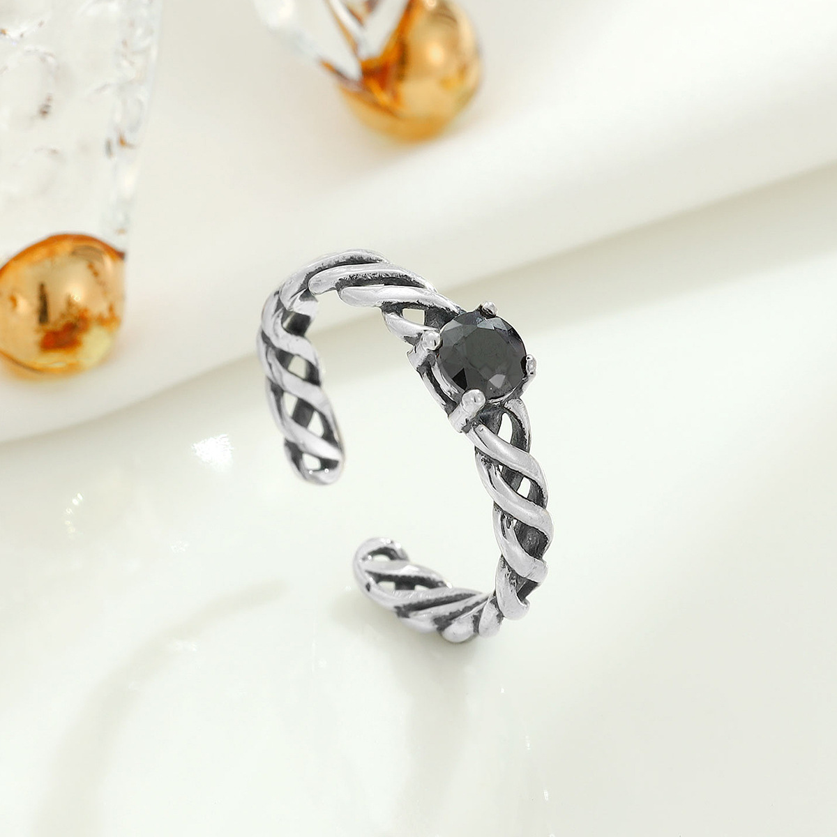 S925 Sterling Silver Personality Retro Black Diamond Chain Open Ring Niche Temperament Jewelry Femaley Pinky Ring