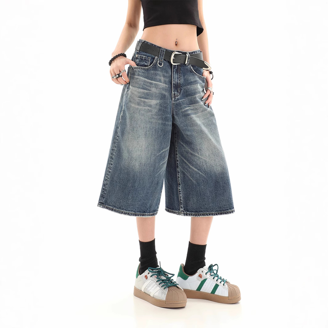 American Style Retro Loose Profile Washed Old Cropped Denim Shorts Men's Summer High Street Design Wide Leg Pants