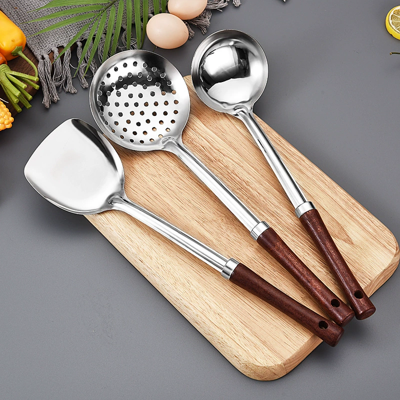 Домашняя кухонная утварь из нержавеющей стали, жарочная лопатка, деревянная ручка, набор для свинины/горшочка, пятиручной, для отлива бульона, ложка-черпак