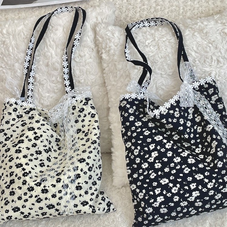 5322 부드러운 소녀의 심장 디자인 새로운 스타일 스티칭 레이스 활 어깨 가방 검은 꽃 캔버스 가방