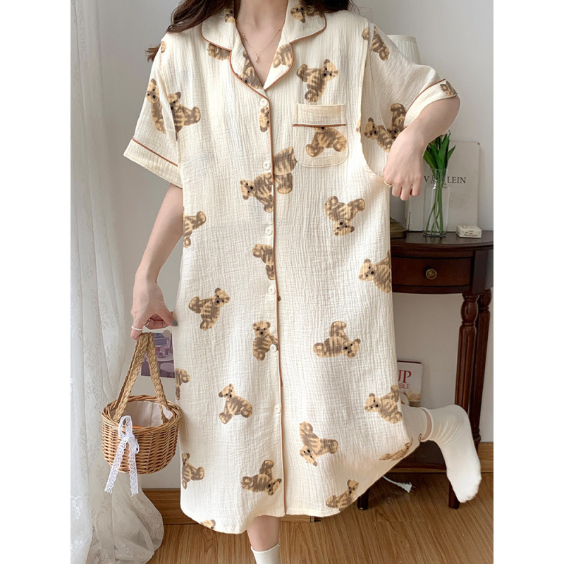 新款春秋款透气哺乳期棉纱布睡衣女薄款夏天月子服短袖孕妇睡裙