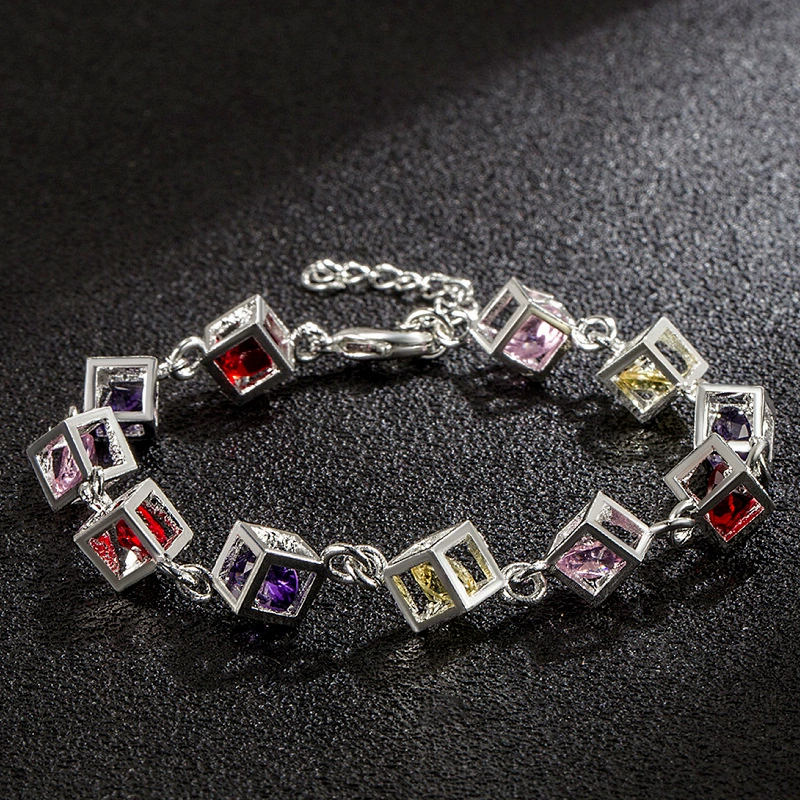 Bracelet cube charms, silver-plated with colored crystals — 12-piece set, adjustable chain
