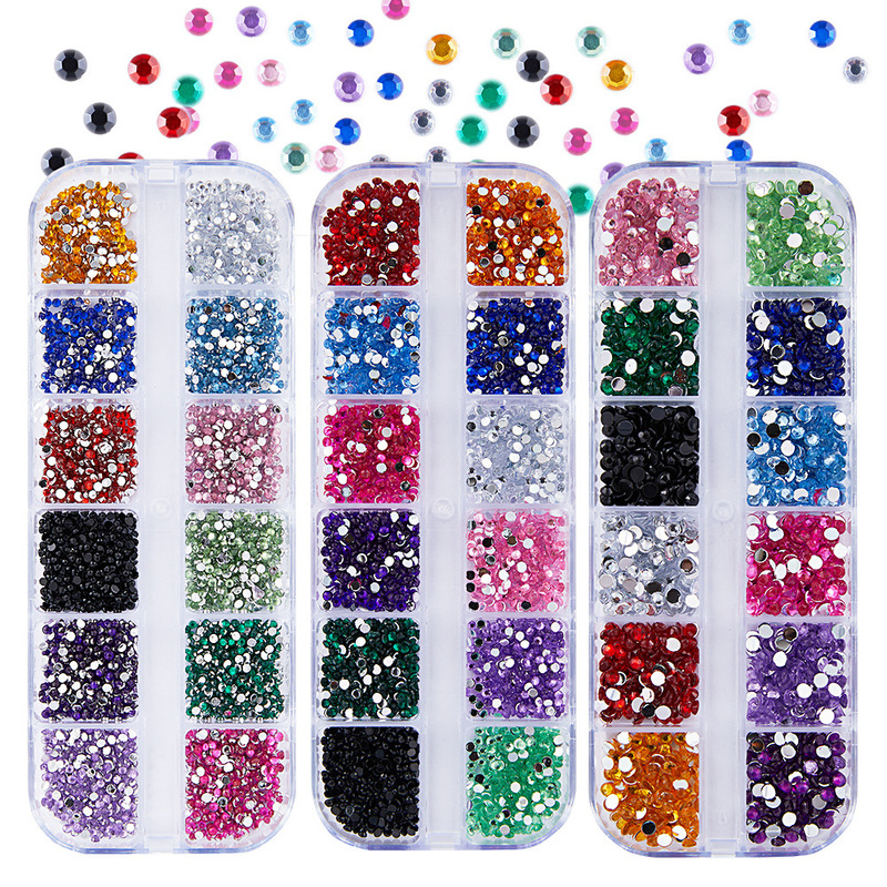 12-Compartment Box of Nail Art Decorations, Flat-Back Rhinestones, Mixed Colorful Nail Stickers, Small Round Rhinestones