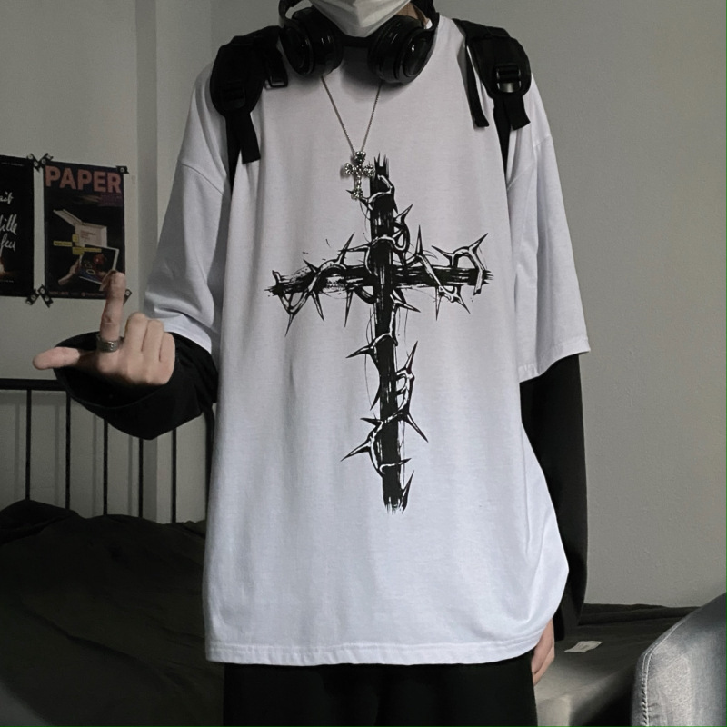 Retro High Street Diablo Hip-Hop Harajuku Thorn Cross Printed Loose Fake Two-Piece Stitching Long-Sleeved T-Shirt for Men Retro High Street Diablo Hip-Hop Harajuku Thorn Cross Printed Loose Fake Two-Piece Stitching Long-Sleeved T-Shirt for Men