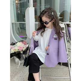 韩国女童春装长袖紫色西装2024春季新品韩版儿童薄款翻领西服外套