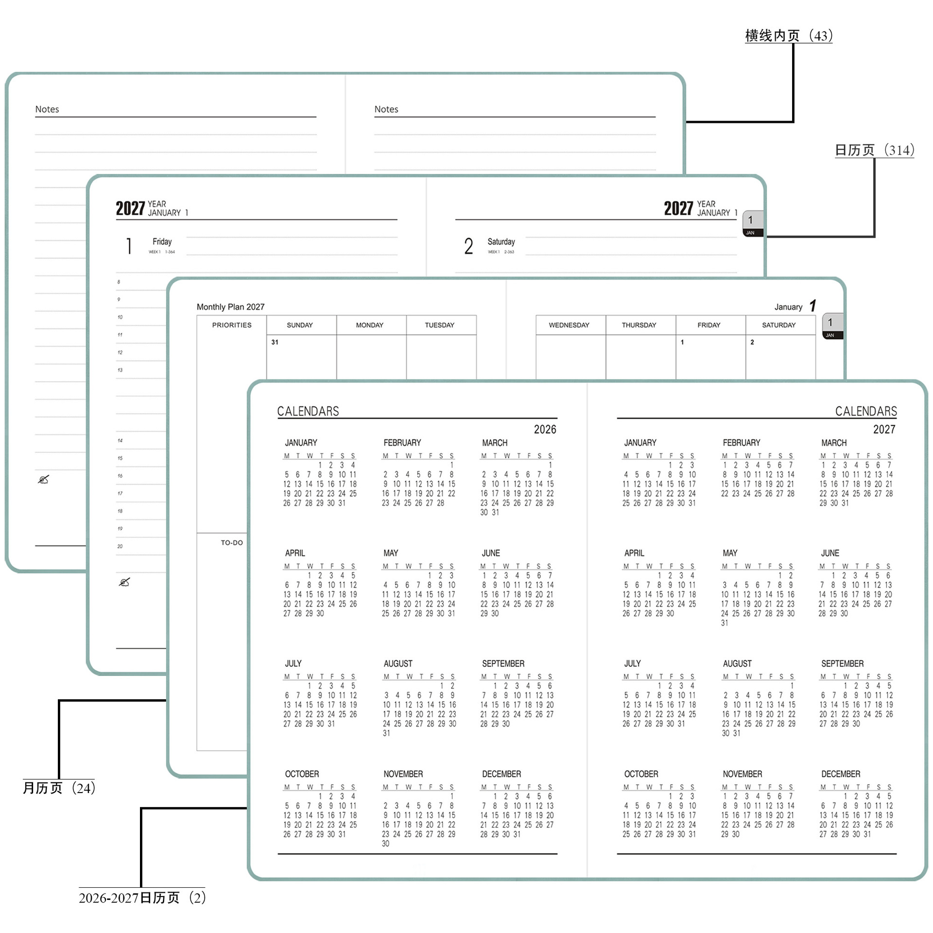 Planificador Semanal y Mensual Chino-Inglés 26-27, Agenda A5, Tapa Dura, Manual de Eficiencia y Autodisciplina, Personalizable