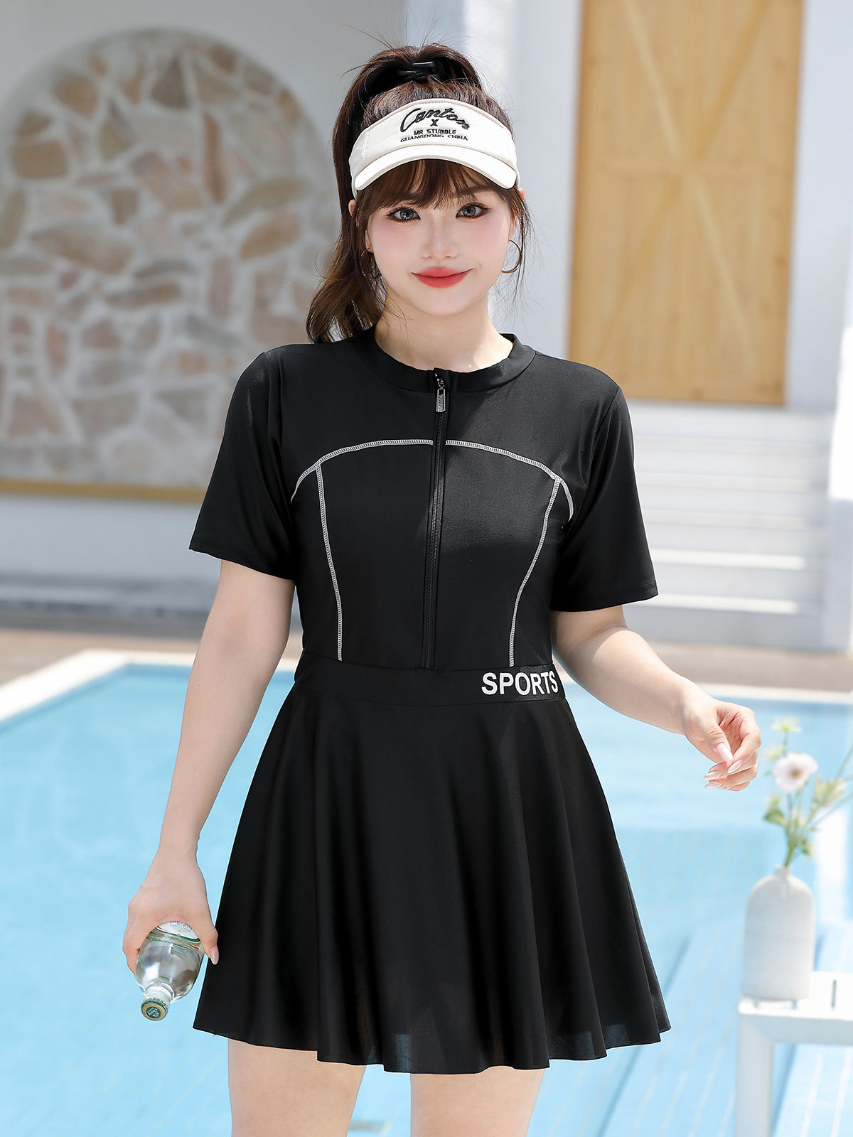 Nuevo estilo de falda de una pieza más grasa para aumentar la grasa, hermana gorda, deportes, carne conservadora, playa, aguas termales, vacaciones, traje de baño de poliéster, mujer