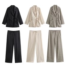外贸2024夏季新款女装欧美风双襟垂性外套直筒长裤套装女8321392